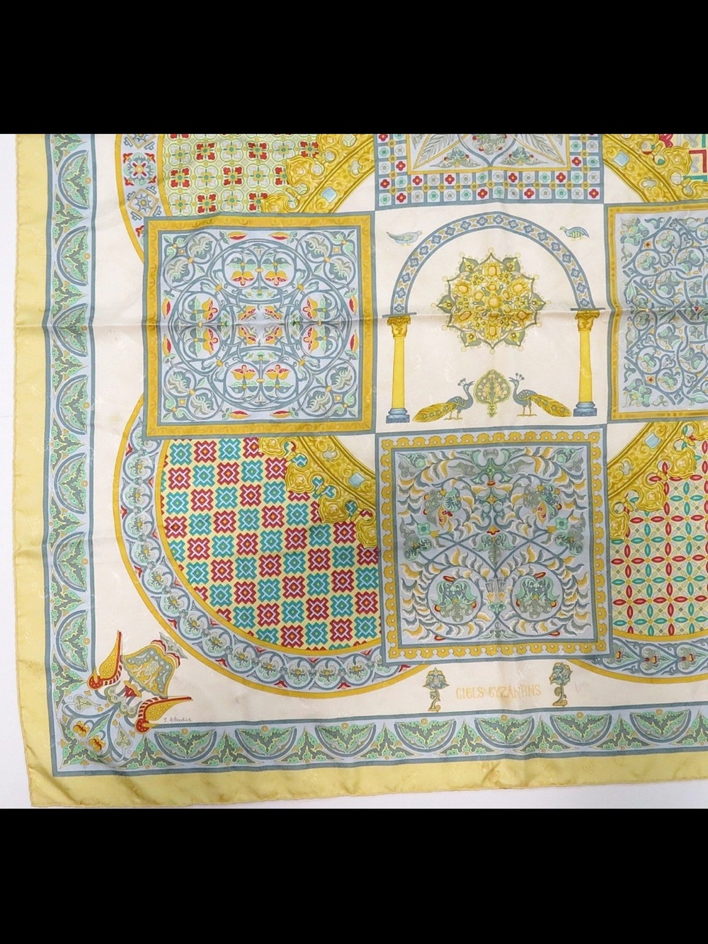 Hermes Yellow, Blue and Green Silk Scarf with Geometric Medallion Motif - Picture 5 of 13